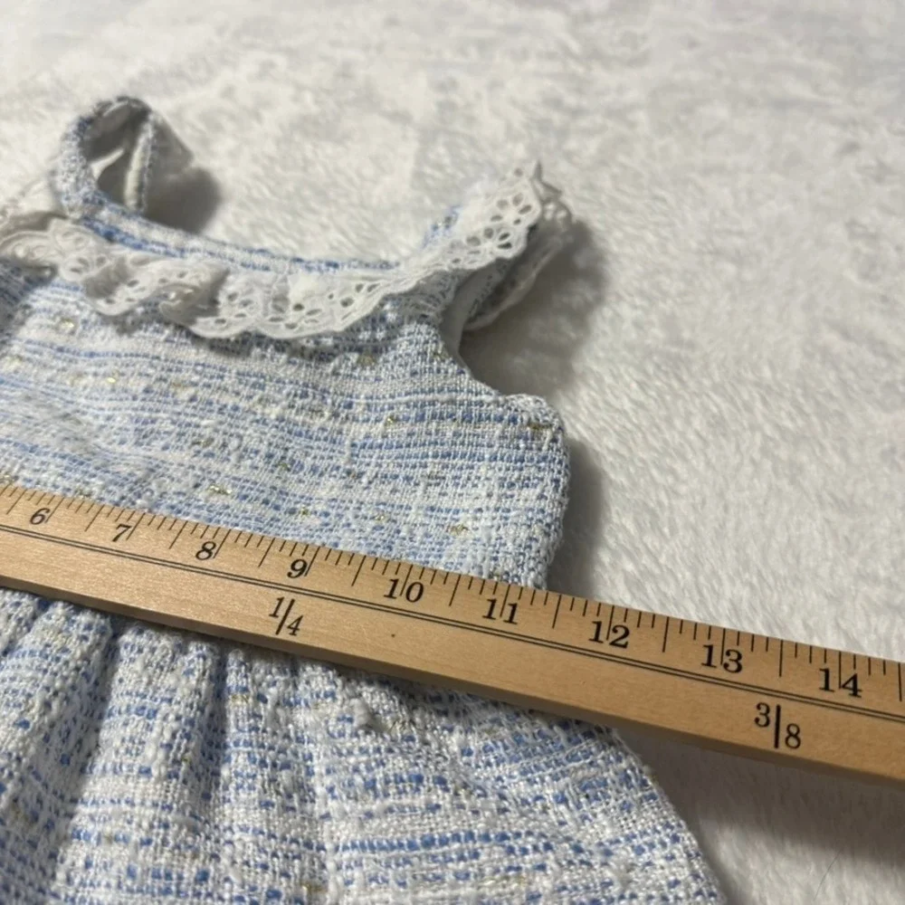 Janie and Jack Tweed Dress Kids Size 3 Blue White Eyelet Lace Metallic Gold